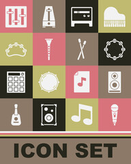 Poster - Set Microphone, Stereo speaker, Tambourine, Guitar amplifier, Clarinet, Sound mixer controller and Drum sticks icon. Vector