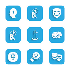 Canvas Print - Set Helping hand, Psychology, Psi, Comedy tragedy masks, theatrical and Solution to problem icon. Vector