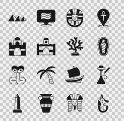 Poster - Set Egyptian anubis, Hookah, mummy in sarcophagus, pharaoh, house, pyramids and Coral icon. Vector