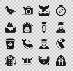 Sticker - Set Walrus animal, Albatross, Viking head, Whale tail, Farm house, Iceberg, and Flashlight icon. Vector