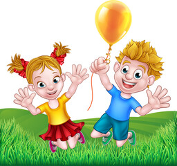 Poster - Cartoon Kids Outdoors Jumping with Balloon