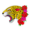 Leopard head growls with flowers in old tattoo style vector illustration with textures. 