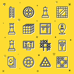 Canvas Print - Set line Board game of checkers, Mahjong pieces, Chess, Rubik cube, and Bingo icon. Vector