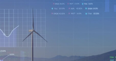 Poster - Animation of stock market data processing over wind turbine spinning against blue sky
