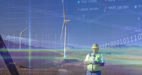 Poster - Stock market data processing and binary coding over male engineer flying drone near wind turbines