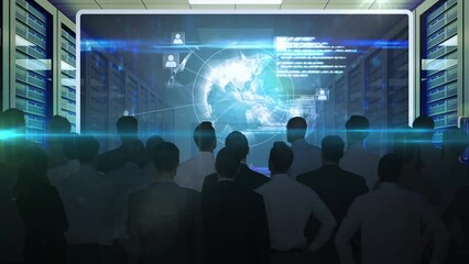 Poster - Animation of globe with data processing on screen over diverse business people