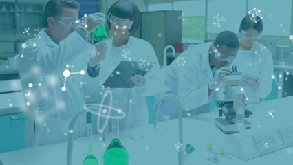 Poster - Animation of multiple floating molecules over multiracial researcher working in laboratory