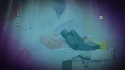 Poster - Animation of dots over female caucasian scientist wearing eyewear looking through microscope