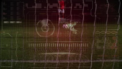 Poster - Animation of infographic interface over african american soccer player kicking soccer ball on ground