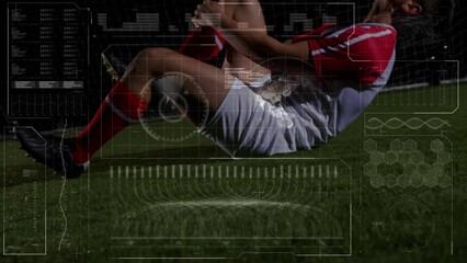 Poster - Animation of infographic interface over injured caucasian soccer player in pain lying on field