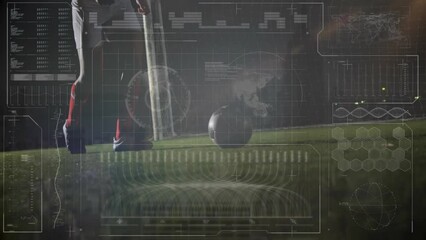 Poster - Animation of infographic interface over low section of soccer player practicing with ball on field