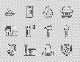 Sticker - Set line Gas mask, Fire protection shield, flame, Building of fire station, Pan with, extinguisher, Traffic cone and Flashlight icon. Vector