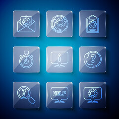Poster - Set line Unknown search, Speech bubble with text Help, Location gear, Checklist 24 hours service, Information, Stopwatch, Envelope setting and Telephone support icon. Vector