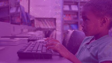 Poster - Animation of connected dots over african american girl looking at screen and tying on keyboard