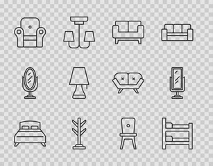 Sticker - Set line Big bed, Bunk, Sofa, Coat stand, Armchair, Table lamp, Chair and full length mirror icon. Vector