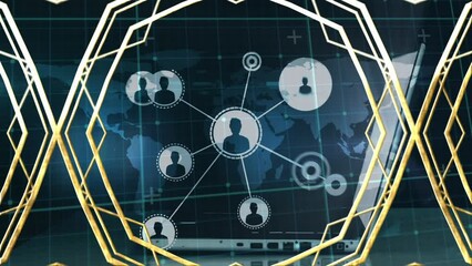 Poster - Animation of profile icons connected with lines, abstract shape and map over hands using laptop