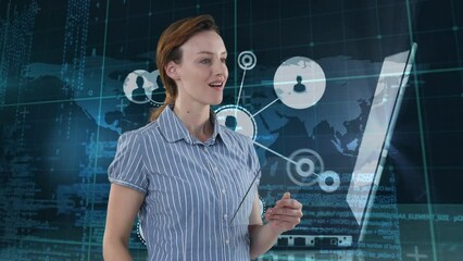Poster - Animation of caucasian woman using futuristic technology and cropped hands using laptop