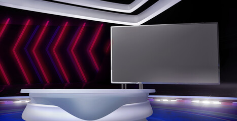 Wall Mural - virtual tv show background with a desk and a empty monitor screen. 3d graphics render template backd