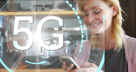 Poster - Animation of 5g text over round scanner against caucasian woman using smartphone at a cafe