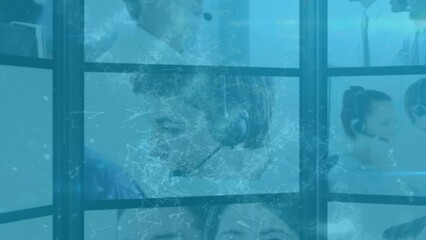 Poster - Animation of plexus networks against multiple screens with people talking on phone headset