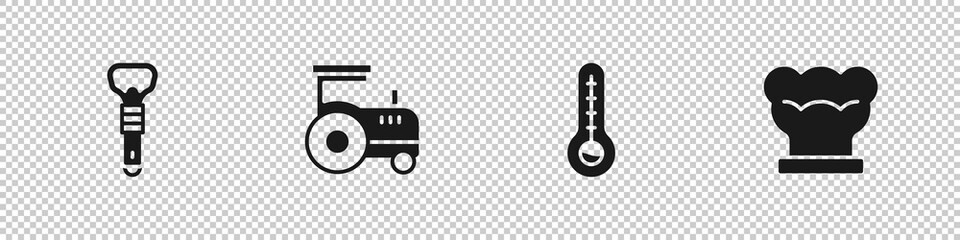 Canvas Print - Set Bottle opener, Tractor, Meteorology thermometer and Chef hat icon. Vector