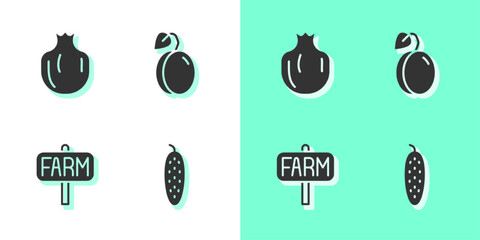 set cucumber, pomegranate, location farm and plum fruit icon. vector