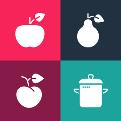 Sticker - Set pop art Cooking pot, Peach fruit or nectarine, Pear and Apple icon. Vector