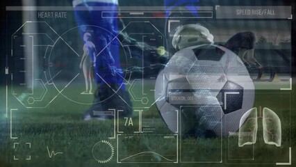 Poster - Animation of medical data processing over low section of male soccer player with football