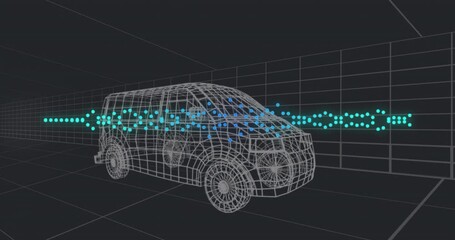 Poster - Animation of 3d car model over grid on black background