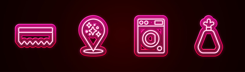 Poster - Set line Sponge, Home cleaning service, Washer and Garbage bag. Glowing neon icon. Vector