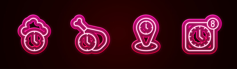 Poster - Set line Clock, Food time, Time zone clocks and Alarm app mobile. Glowing neon icon. Vector