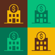 Pop Art Bank Building Icon Isolated On Color Background. Vector