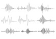 Earthquake seismogram or music volume waves set. Seismograph vibration or magnitude recording chart collection. Polygraph lie test detector diagram record. Vector illustration.