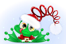 Funny Cute Cartoon Christmas Frog In The Santa Costume With Funny Santa Hat