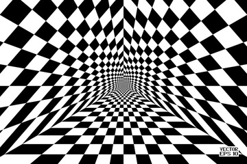 Wall Mural - Abstract Black and White Pattern with Tunnel. Contrasty Optical Psychedelic Illusion. Smooth Checkered Spiral and Chessboard in Perspective. Vector. 3D Illustration