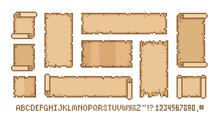 Vintage Pixel Ribbons And Scrolls In 8-bit Game Style. Ancient Manuscripts, Blank Parchment Banners. Retro Game Assets. Editable Vector
