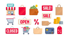 Pixel Art Shopping Icon Set - Editable Vector Template. Pixel Shop Or Store. Open And Closed Vintage Sign. Marketplace Pixe Art Icons Collection. Retro 8-bit Computer Game Style. 