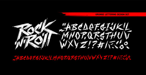Poster - Rock n roll grunge style type font - editable vector template. Set of Rock'n'roll and Punk music vintage style font alphabet for print stump tee and poster design. Rock music hand drawn lettering set