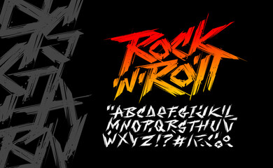 Poster - Rock'n'roll grunge style type font - editable vector template. Set of Rock'n'roll and Punk music vintage style font alphabet for print stump tee and poster design. Rock music hand drawn lettering set

