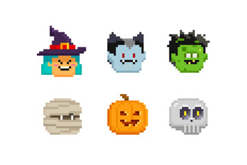 Poster - Witch, Mummy, Vampire, Skull and Zombie in pixel art game style. Pixel witch head. 8-bit skull and pumpkin head. Retro game style Happy halloween vector collection. Funny halloween characters