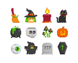 Poster - Pixel art set of cute characters for Halloween design. Witch, ghost, night cat, skull, pumpkin, coffin, tombstone. Vector illustration in 8-bit game style. Funny Pixel Art Happy Halloween set 