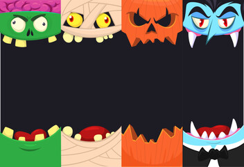 Wall Mural - Halloween funny faces set of four characters. Cartoon heads of grim reaper, pumpkin Jack o lntern zombie, vampire and mummy. Vector illustration isolated. Party decoration design