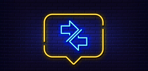 Poster - Neon light speech bubble. Synchronize arrows line icon. Communication Arrowheads symbol. Navigation pointer sign. Neon light background. Synchronize glow line. Brick wall banner. Vector