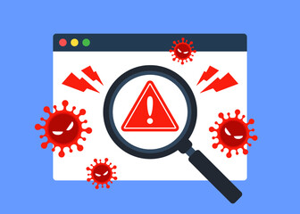 Fototapete - Web browser window with virus detection. Internet threat warning. Concept of malware, ransomware, hacking, or cybercrime. Dangerous website. Antivirus icon. Flat vector graphic element illustration.