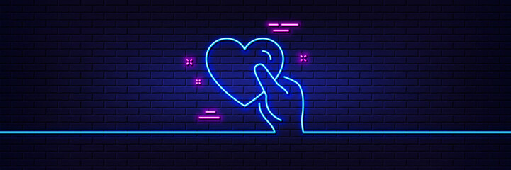 Wall Mural - Neon light glow effect. Hold heart line icon. Friends love sign. Friendship hand symbol. 3d line neon glow icon. Brick wall banner. Hold heart outline. Vector