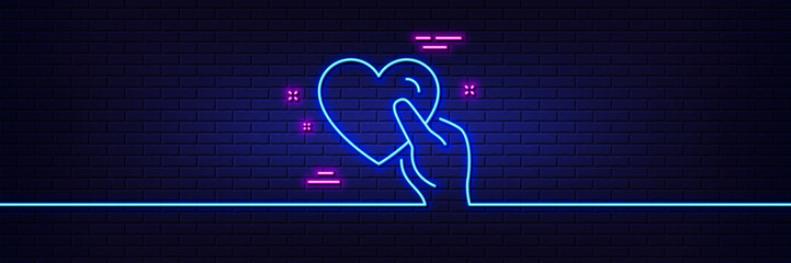 Canvas Print - Neon light glow effect. Hold heart line icon. Friends love sign. Friendship hand symbol. 3d line neon glow icon. Brick wall banner. Hold heart outline. Vector