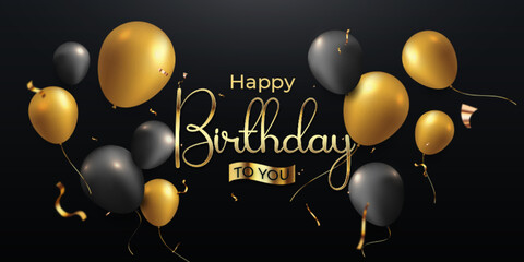 Happy birthday black and gold background with realistic 3d floating balloons and ribbon