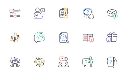 Poster - questions line icons. artificial intelligence computer, phone with question mark, problem solve. qui