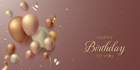 Happy birthday luxury banner celebration rose gold with 3d realistic balloons and ribbons