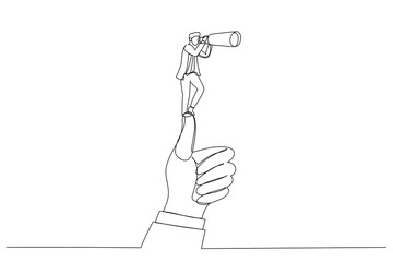 Wall Mural - Cartoon of businessman standing on giant thumb using telescope to look into the distance. Single continuous line art style